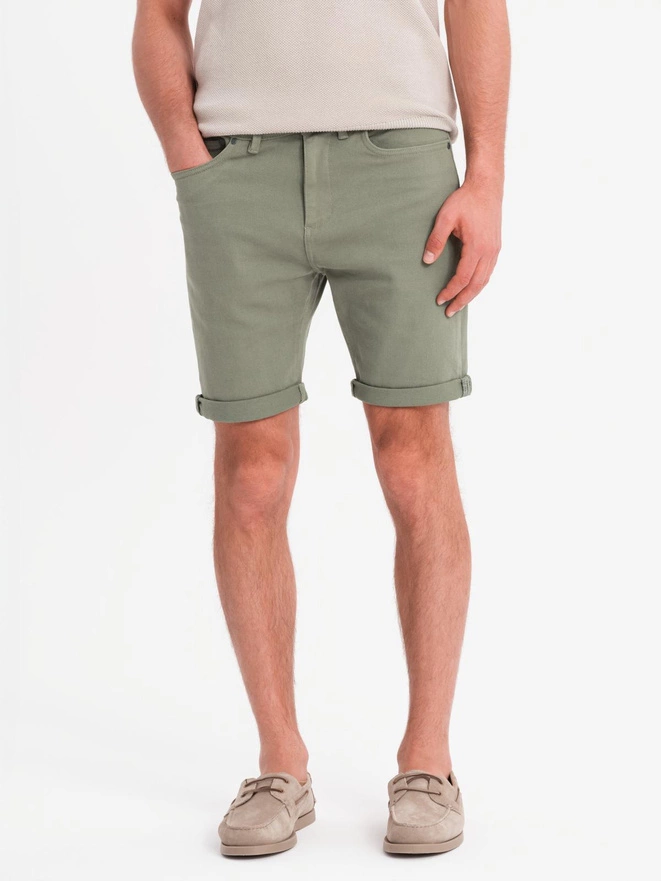 Klasyczne męskie jeansowe szorty z podwiniętą nogawką  – jasnooliwkowe V5 OM-SRDS-0162