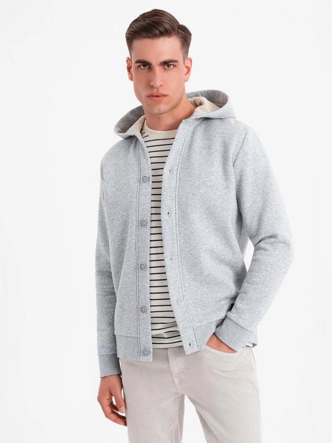 Men's button-down hooded sweatshirt - grey melange V2 OM-SSZP-0186