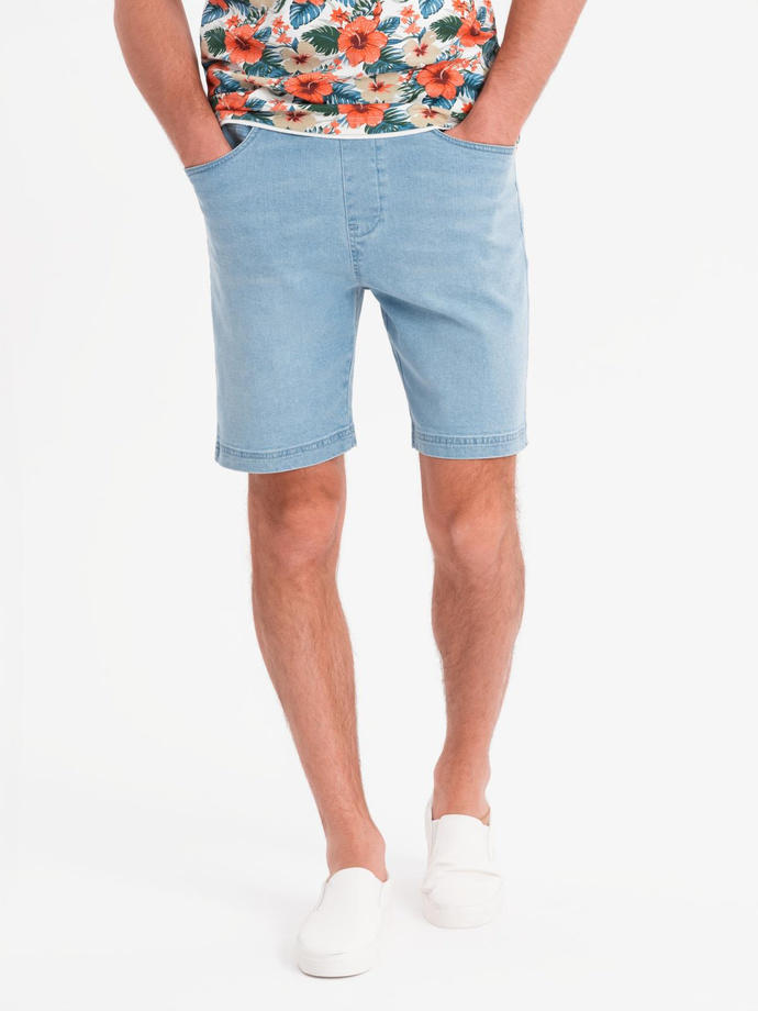 Men's shorts with elastic waistband and wash effect - light blue V1 OM-SRDS-0192