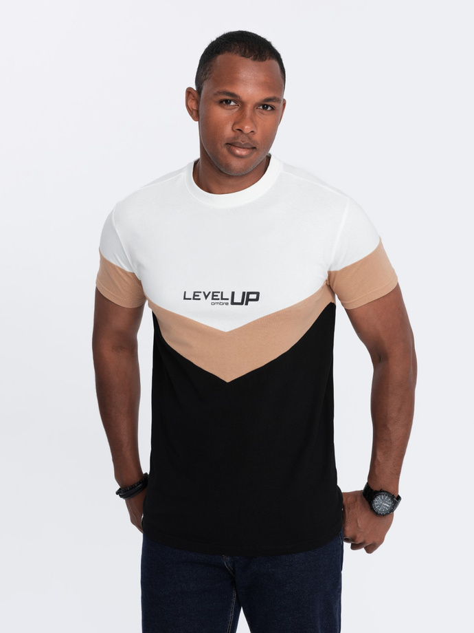 T-shirt męski bawełniany trójkolorowy z logo - czarno-brązowy V3 S1747