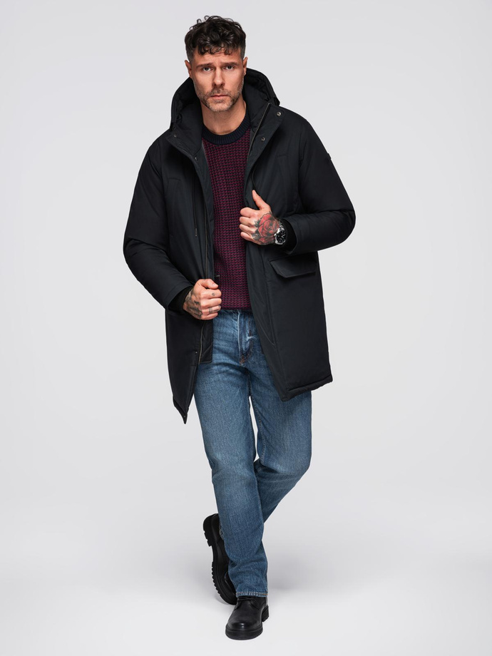 Men's faux leather jacket with ribbed bottom hem - black V2 OM-JAFL-0109