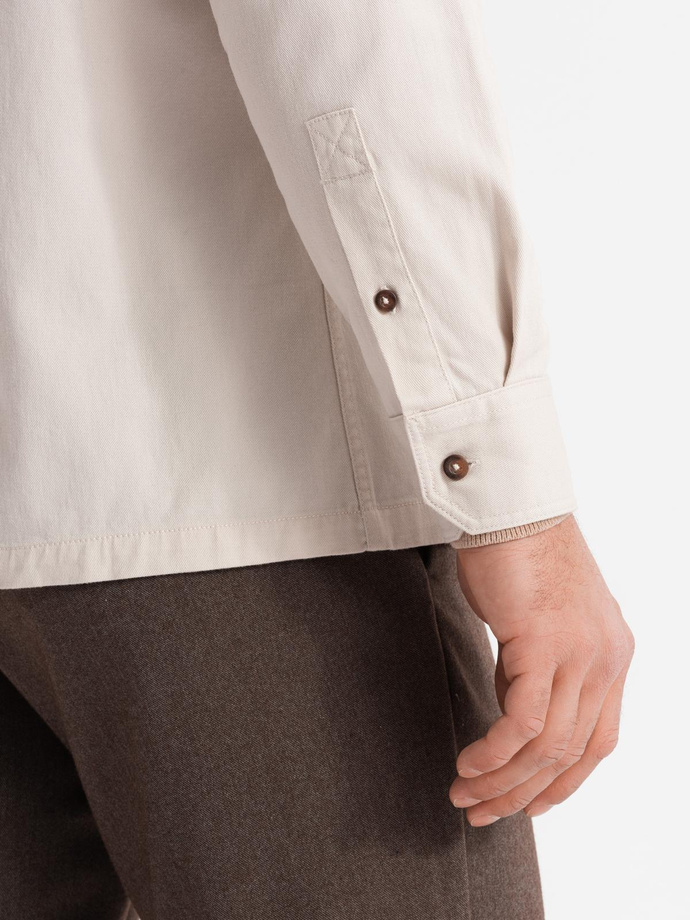 Męska bawełniana koszula REGULAR FIT z kieszeniami zapinanymi na guziki - kremowa V1 OM-SHCS-0146