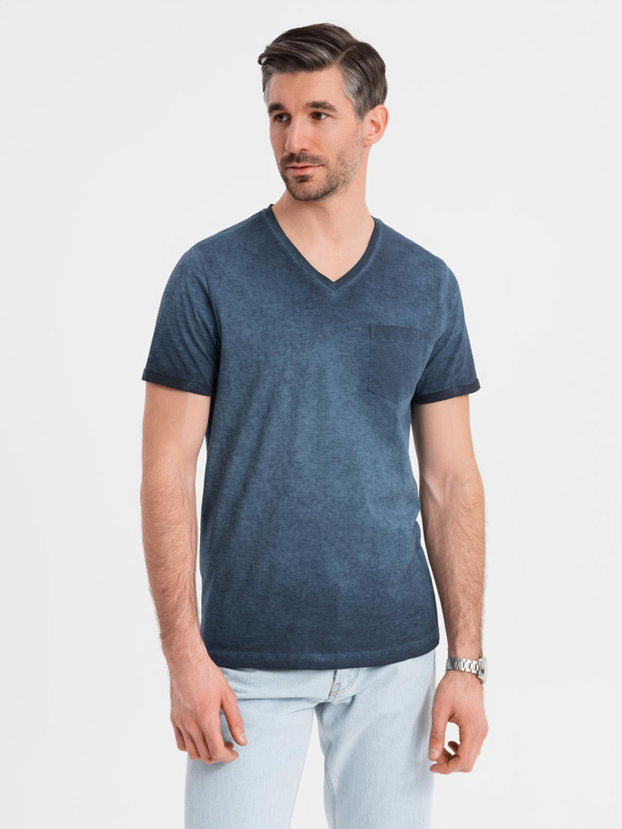 Bawełniany męski t-shirt V-neck z dzianiny z efektem sprania - granatowy V7 OM-TSWT-0242