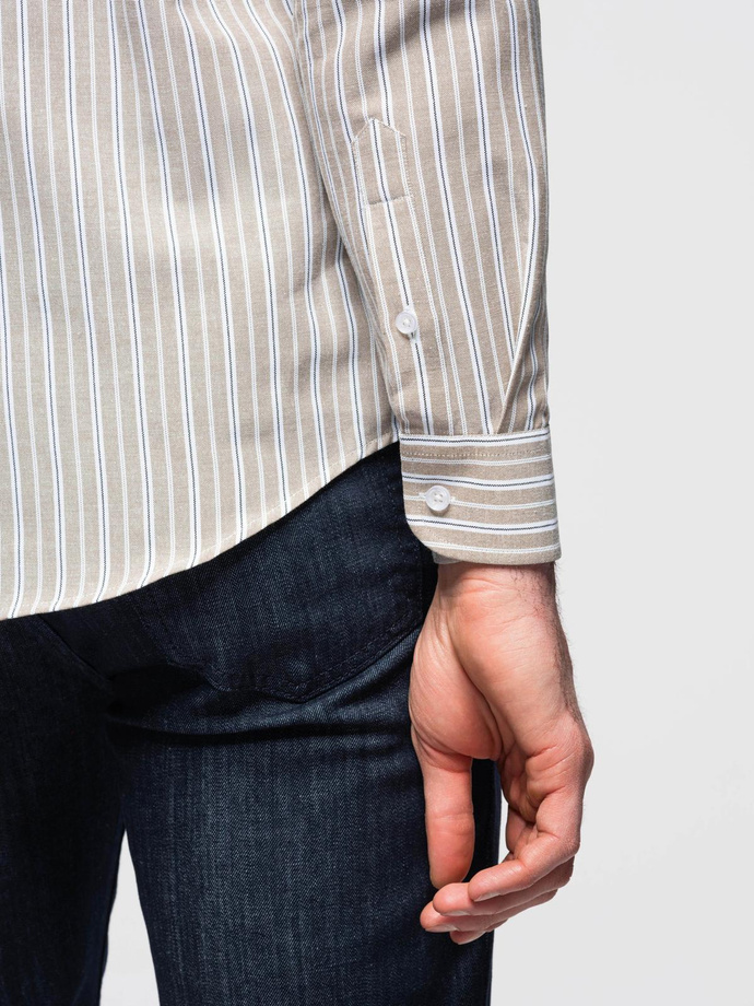 Bawełniana koszula męska REGULAR FIT w drobne paski – beżowa V1 OM-SHOS-0170