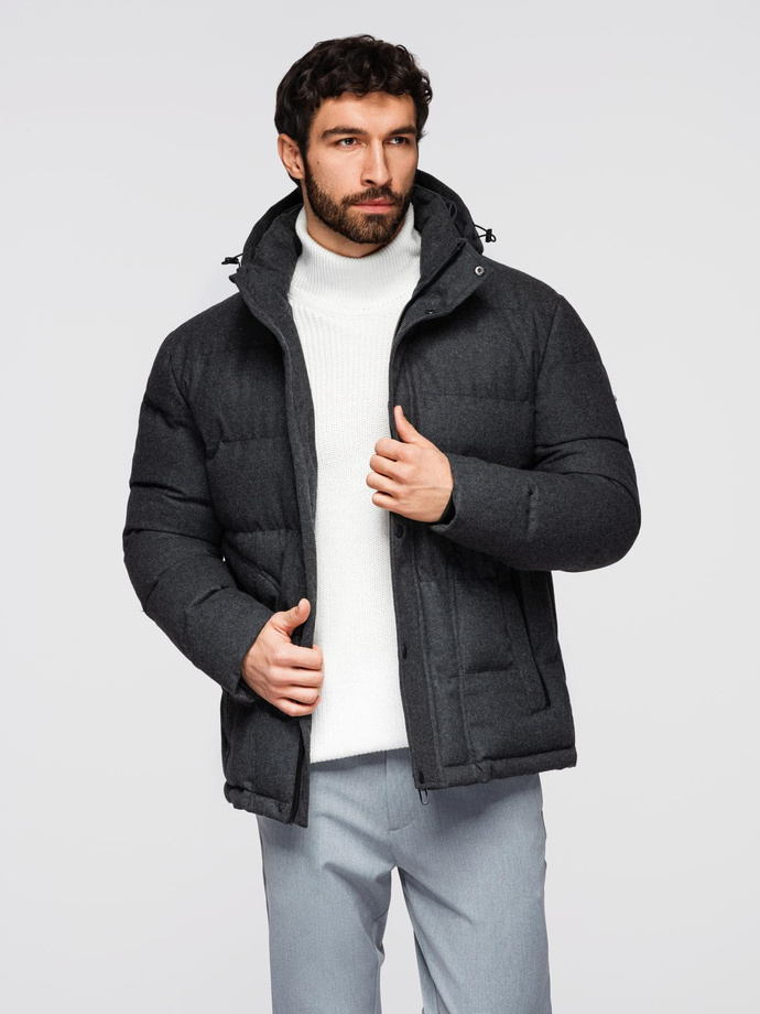 Casualowa męska kurtka puffer z wełną – czarny melanż V2 OM-JAHP-0203
