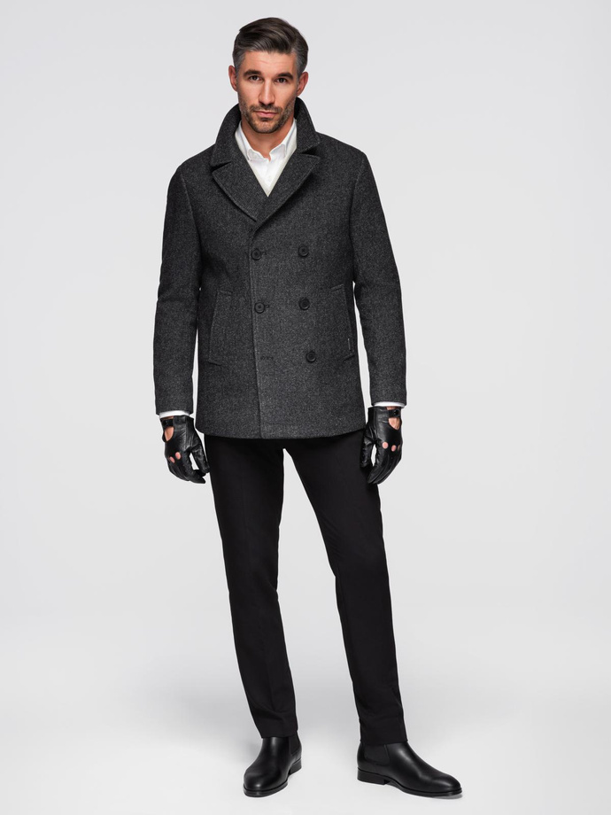 Men's short double-breasted wool coat - graphite V1 OM-COWC-0115