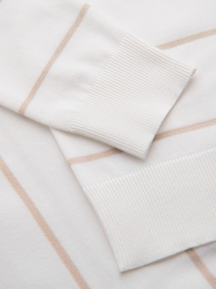 Koszulka polo męska w poziome paski z wiskozą – biało-beżowa V4 OM-POSS-0145