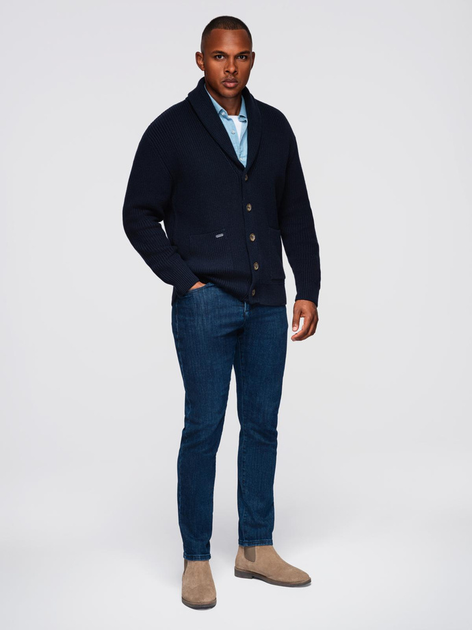 Men's cotton cardigan sweater with shawl collar - navy blue V1 OM-SWCD-0153