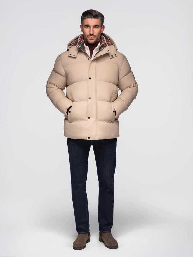 Men's puffer jacket with check lining - beige V2 OM-JAHP-0205