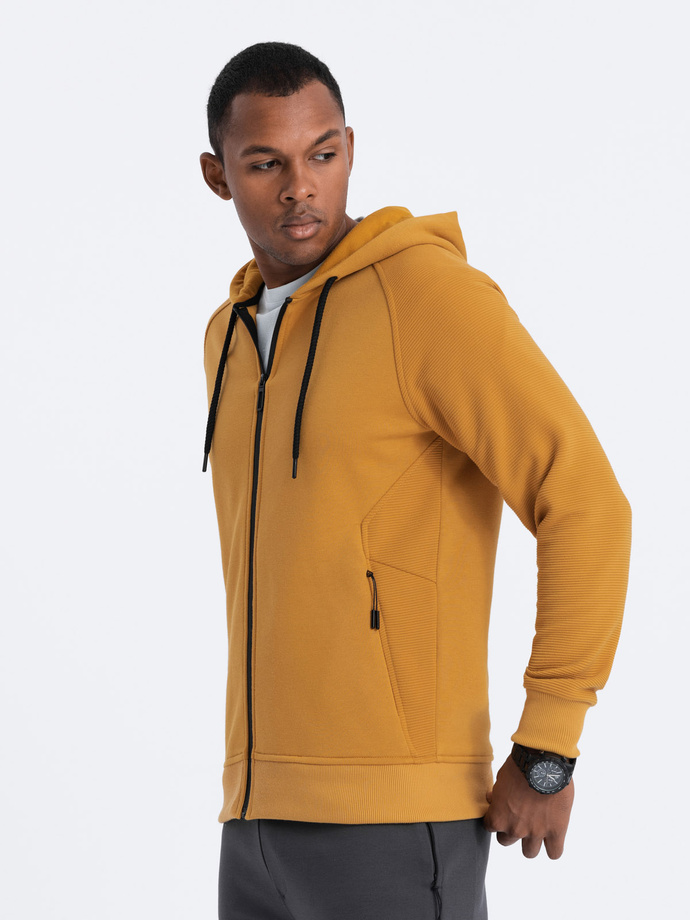 Bluza męska rozpinana z kapturem - musztardowa V7 OM-SSZP-0124
