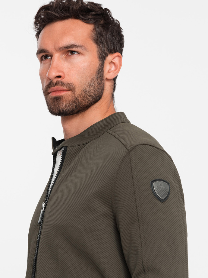 Men's BIKER jacket in structured fabric - dark olive green V1 OM-JANP-0138