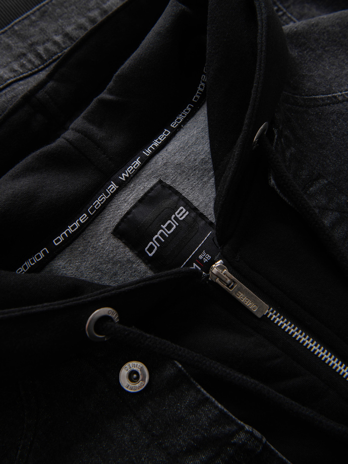 Men's denim jacket with knitted sleeves and hood - black V3 OM-JADJ-0220