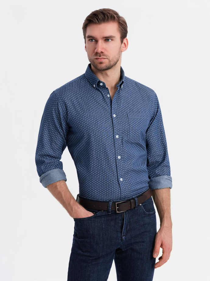 Men's patterned thin denim shirt with pocket - blue V2 OM-SHDS-0179
