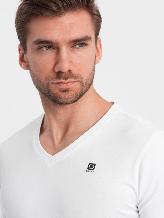 Set of men's SLIM FIT longsleeves with V-neck and logo 2-pack - 2x white V4 Z103