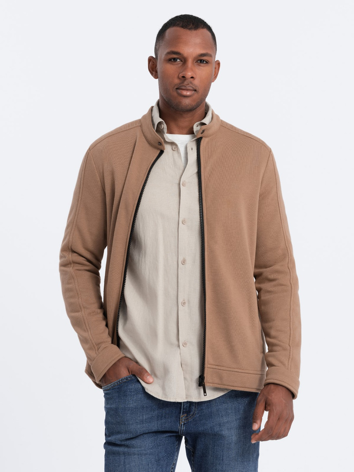 Men's unbuttoned sweatshirt with stand-up collar - brown V6 OM-SSZP-22FW-005