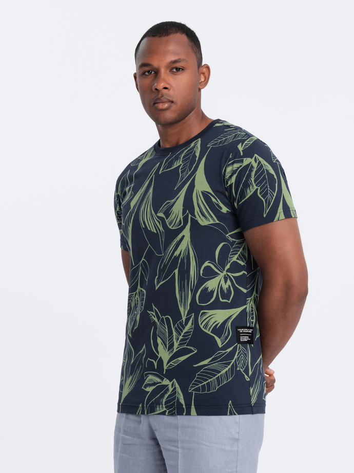 Men's full-print t-shirt in contrasting leaves - navy blue V5 OM-TSFP-0180