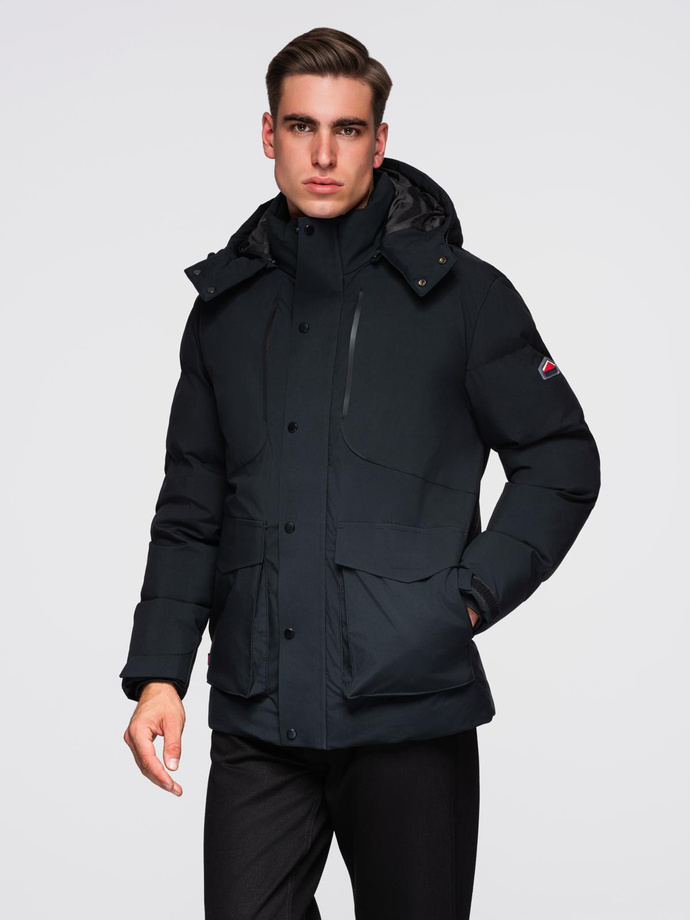 Men's winter jacket with detachable hood in waterproof material - black V3 OM-JAHP-0306