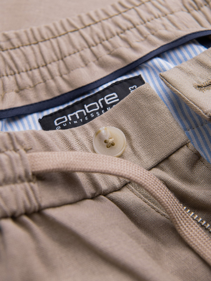 Męskie podwijane spodnie chino z dodatkiem lnu – jasnobrązowe V3 OM-PACP-0198