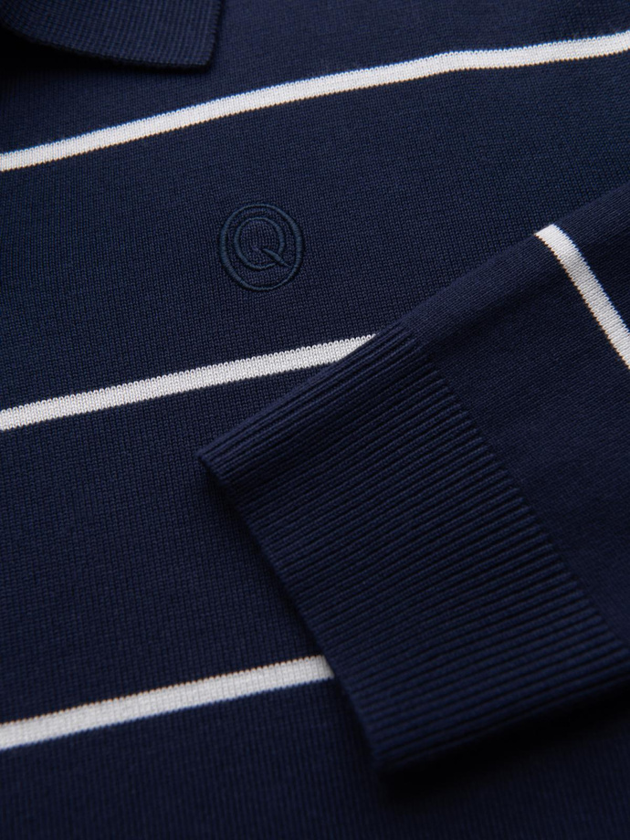 Men's horizontal striped polo longsleeve with viscose - navy blue and white V1 OM-POLS-0146
