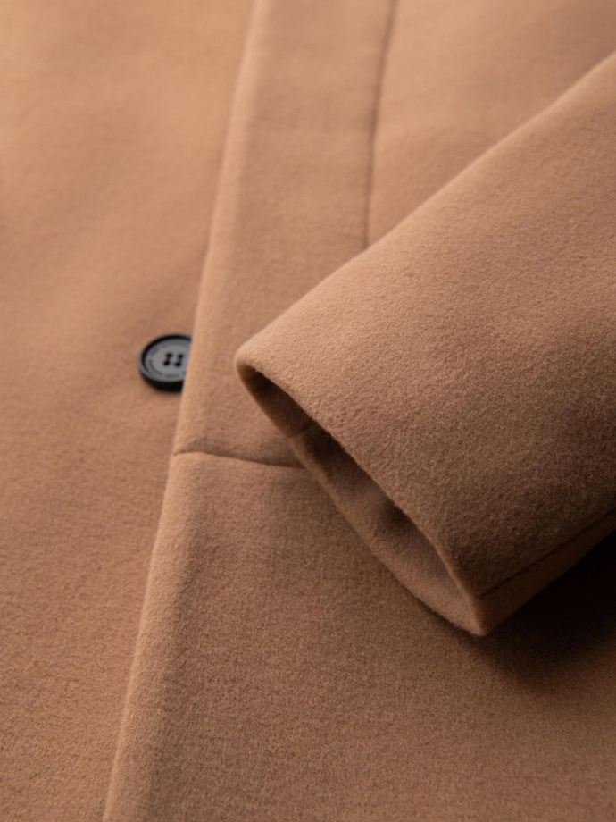 Men's coat with asymmetrical fastening and high collar - light brown V4 OM-COWC-0141