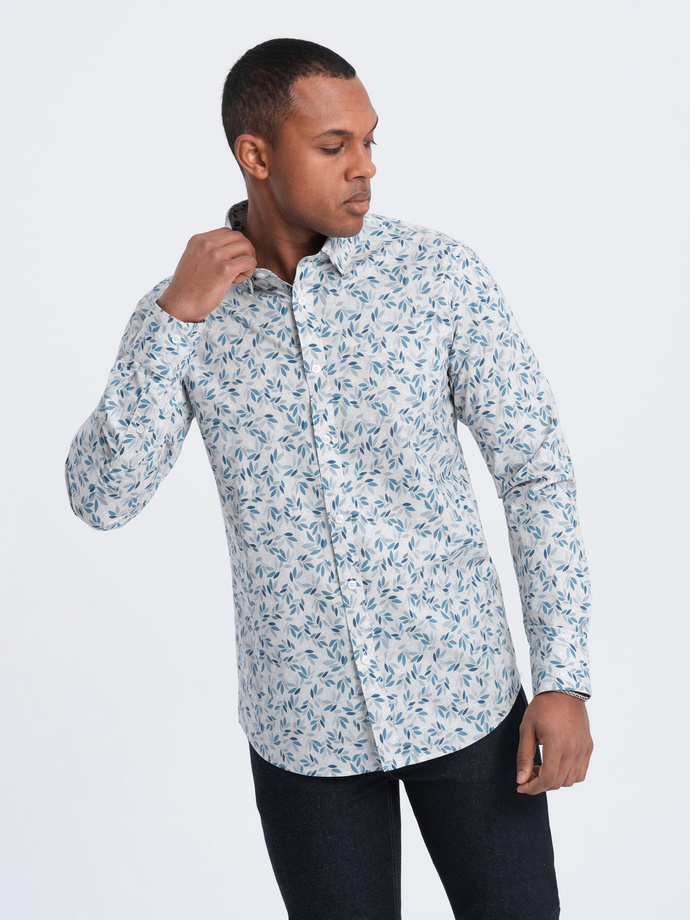 Koszula męska SLIM FIT w print gałązek - niebiesko-szara V2 OM-SHPS-0163