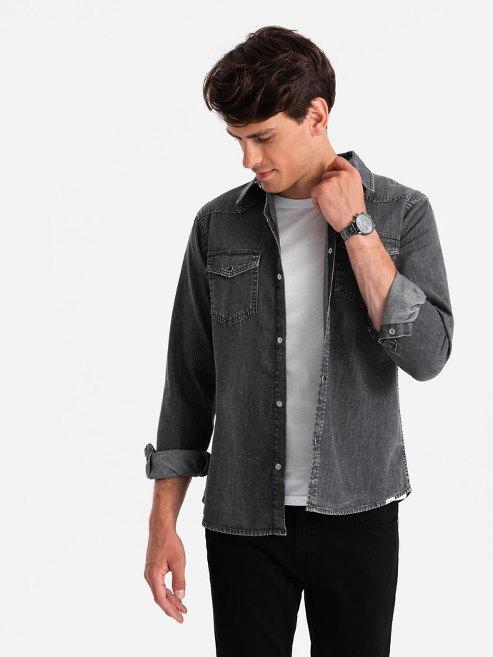 Men's denim snap shirt with pockets - black V3 OM-SHDS-0115