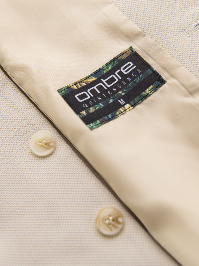 Dopasowana elegancka męska kamizelka z elastanem i klapami – beżowa V2 OM-BLZV-0145