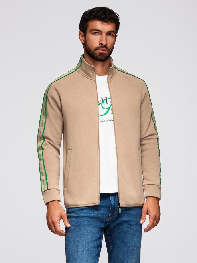 Men's unbuttoned sweatshirt with piping and high collar - brown V1 OM-SSZP-0224