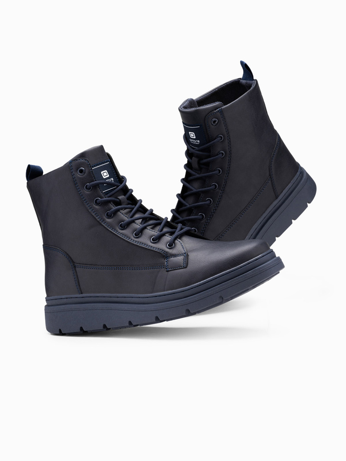 One-color men's high boots with decorative stitching - navy blue V4 OM-FOBO-0133