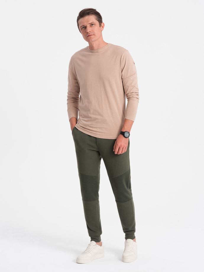 Men's sweatpants with ottoman fabric inserts - dark olive green V3 OM-PASK-0127