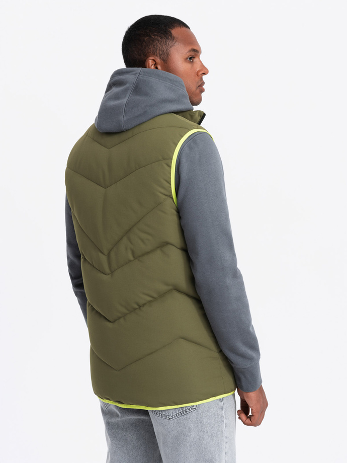 Men's quilted sleeveless jacket with neon accents - olive V5 OM-JAVJ-0210