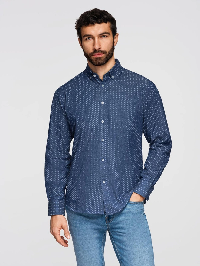 Men's patterned thin denim shirt with pocket - blue V2 OM-SHDS-0179