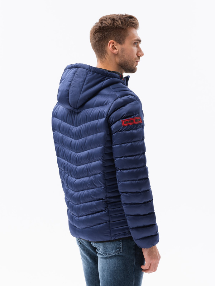 Men's quilted jacket with satin finish - dark blue V11 OM-JALP-0121