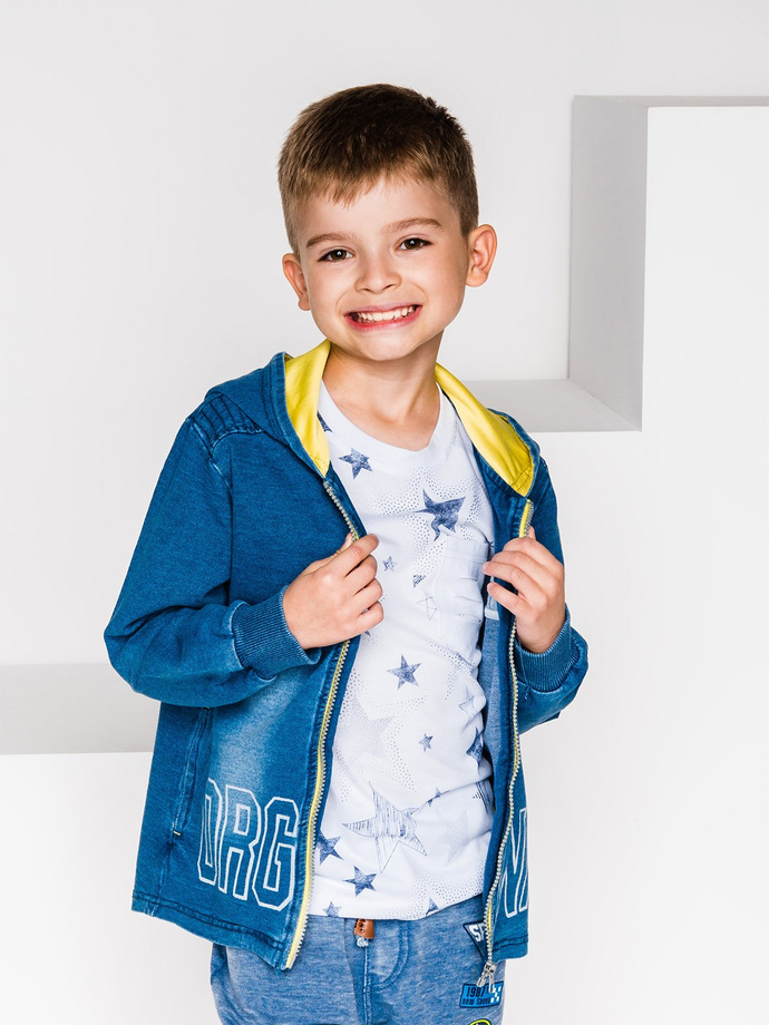 Mid-season boy's jacket with hood - denim/yellow KC008