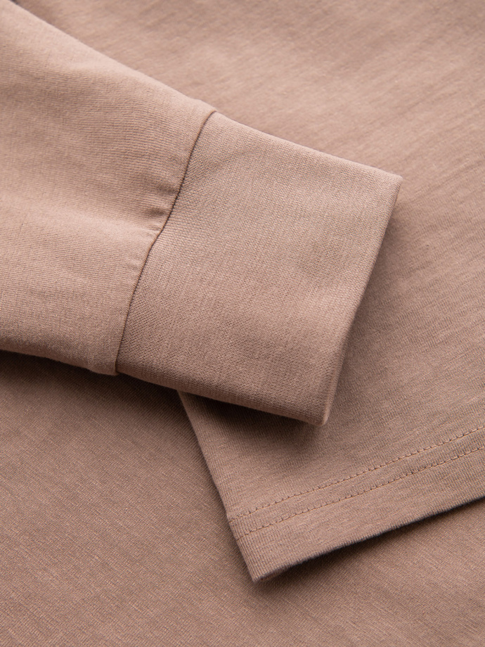 Men's cotton longsleeve with striped U neckline and embroidery - brown V6 OM-LSCL-0128