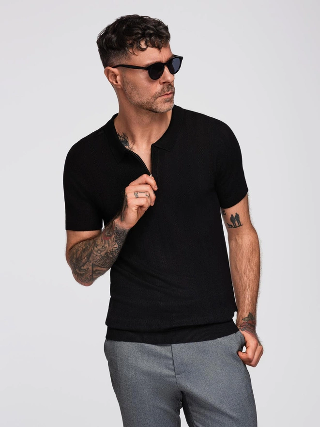 Men's openwork polo shirt with zipper at neckline - black V2 OM-POSS-0158