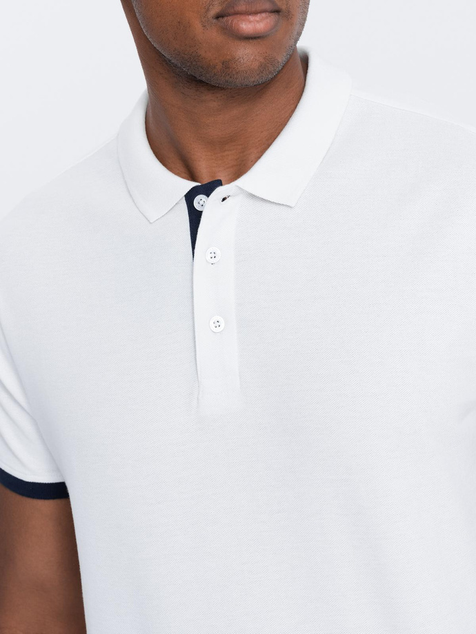 Men's cotton polo shirt with contrast trim - white V1 OM-POSS-0113