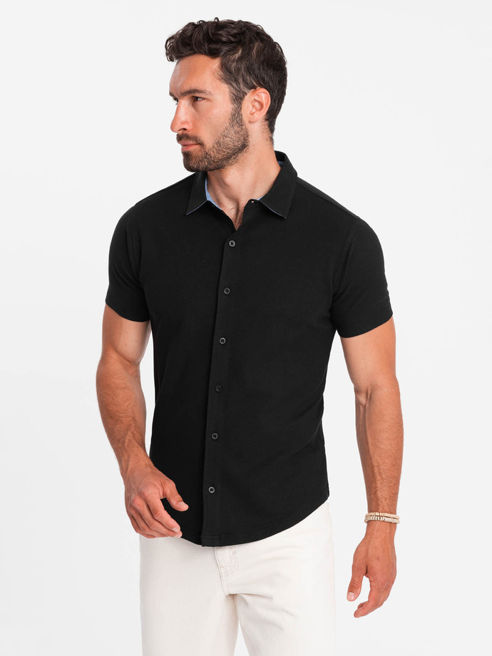 Men's knitted slim fit shirt with short sleeves and collar - black V4 OM-SHSS-0100