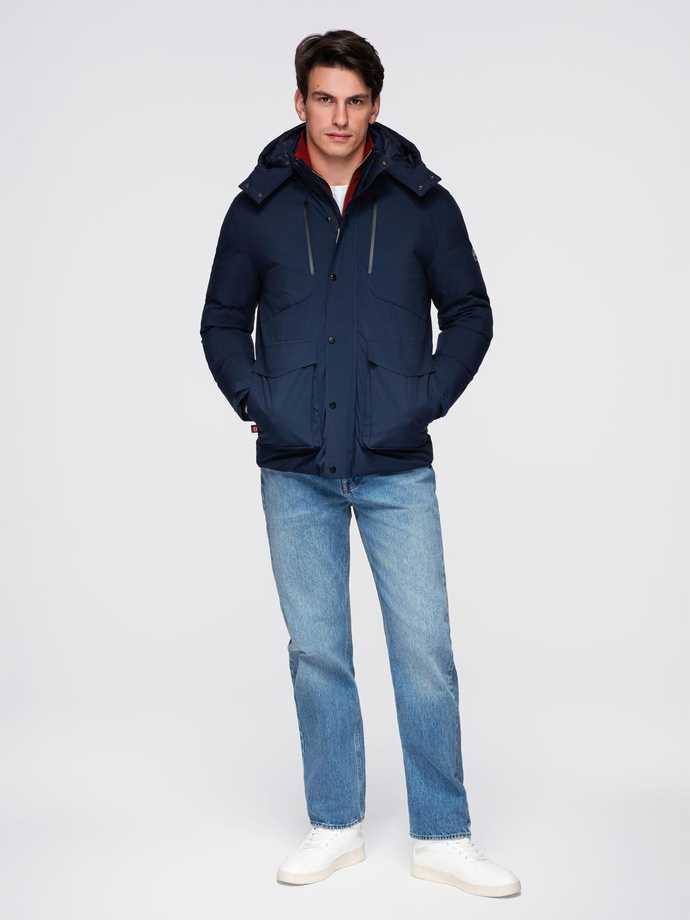 Men's winter jacket with detachable hood made of waterproof material - navy blue V1 OM-JAHP-0306