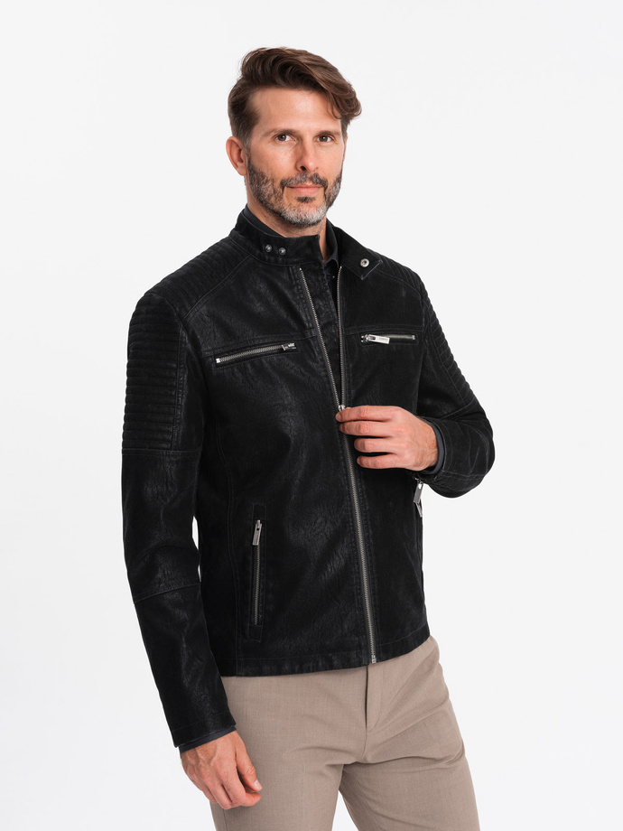 Men's retro-style biker jacket with stand-up collar - black V2 OM-JAFL-0197