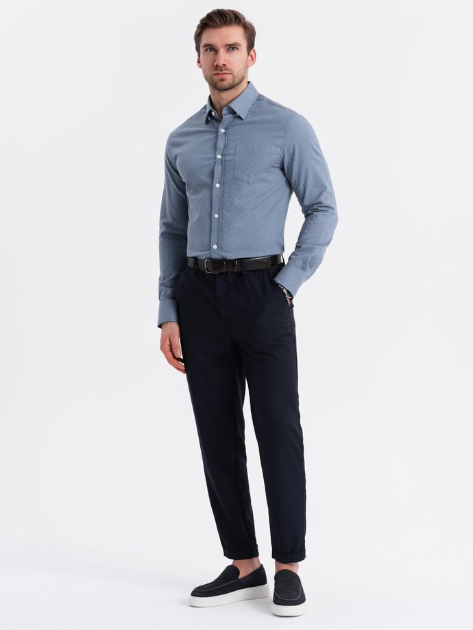 Męska koszula SLIM FIT z ozdobnej tkaniny z kieszonką – niebieska V1 OM-SHCS-0174