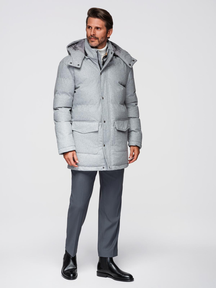 Warm men's long parka jacket with wool - light grey melange V3 OM-JALJ-0217