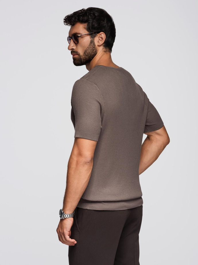 T-shirt męski dzianinowy z guzikami przy dekolcie – popielaty V4 OM-TSCT-0254