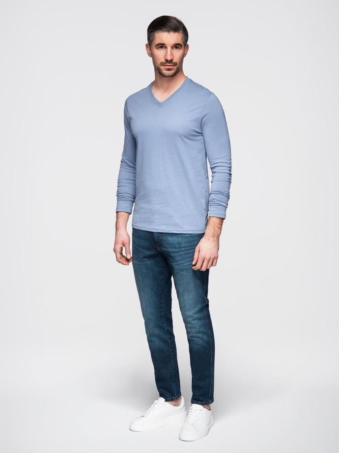 Męski longsleeve bez nadruku z dekoltem w serek - niebieski denim V9 OM-LSBL-0108