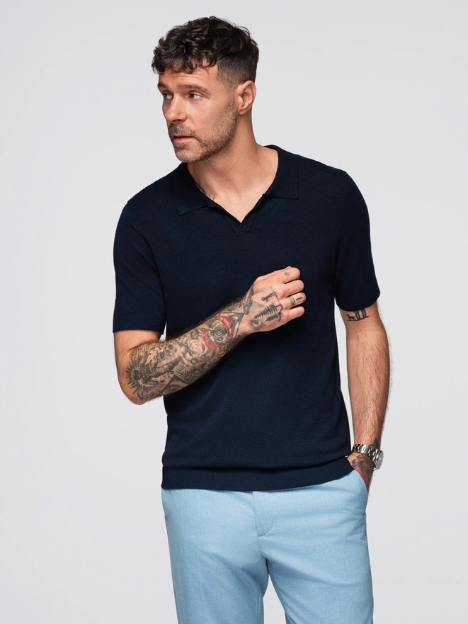 Men's buttonless polo shirt with classic weave - navy blue V1 OM-POSS-0159