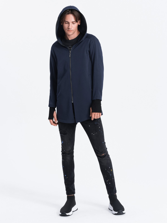 Longer men's unbuttoned sweatshirt with spacious hood PRAGA - navy blue B1369