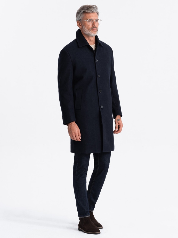 Men's long single-breasted coat with collar and undercoat - navy blue V3 OM-COWC-0106