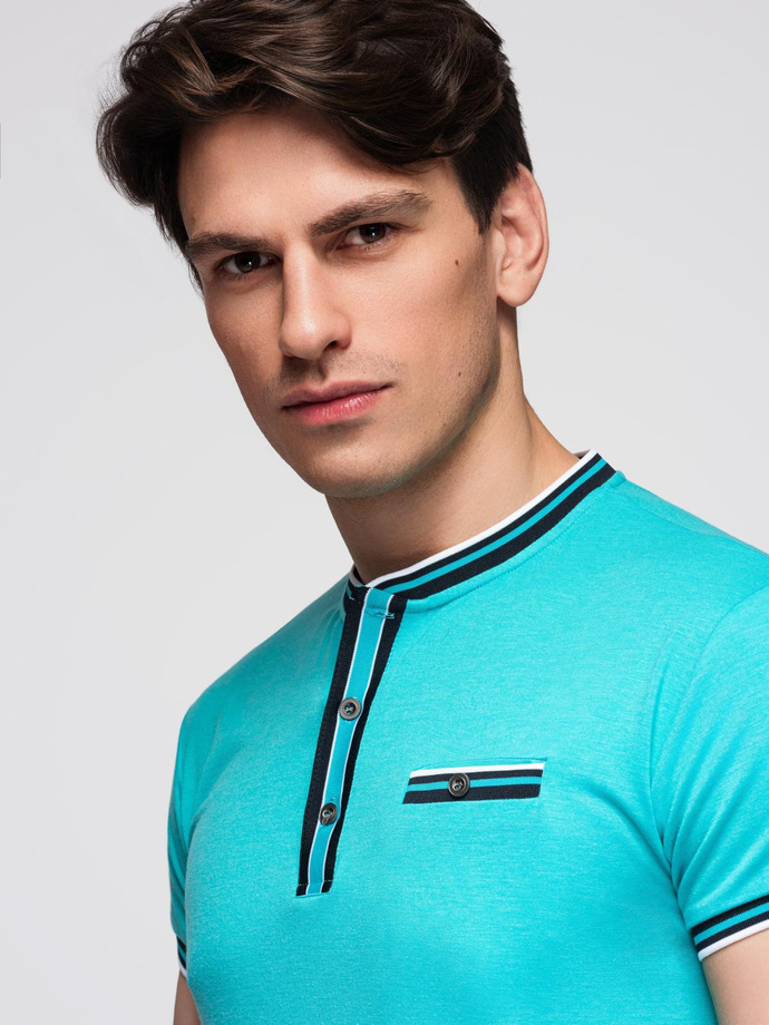 Men's henley t-shirt with decorative ribbing - turquoise V7 OM-TSCT-0175