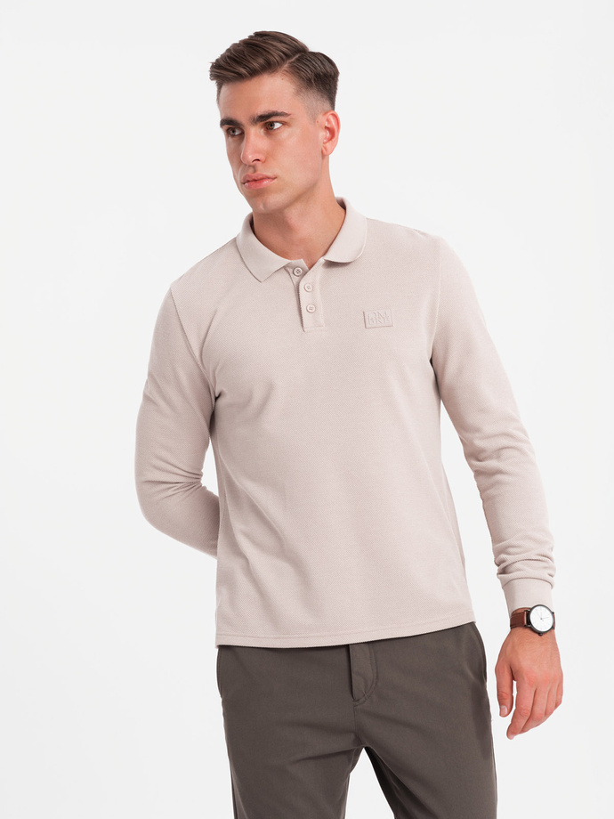 Strukturalny longsleeve polo męski z naszywką – popielaty V3 OM-POLS-0131