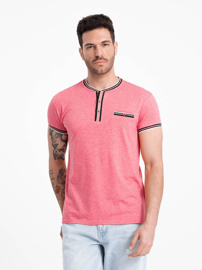 Men's henley t-shirt with decorative ribbing - red V1 OM-TSCT-0175